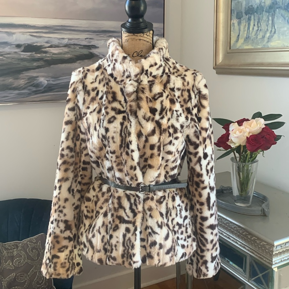WHITE House Black Market brown ivory leopard animal print fur coat jacket S 4 6